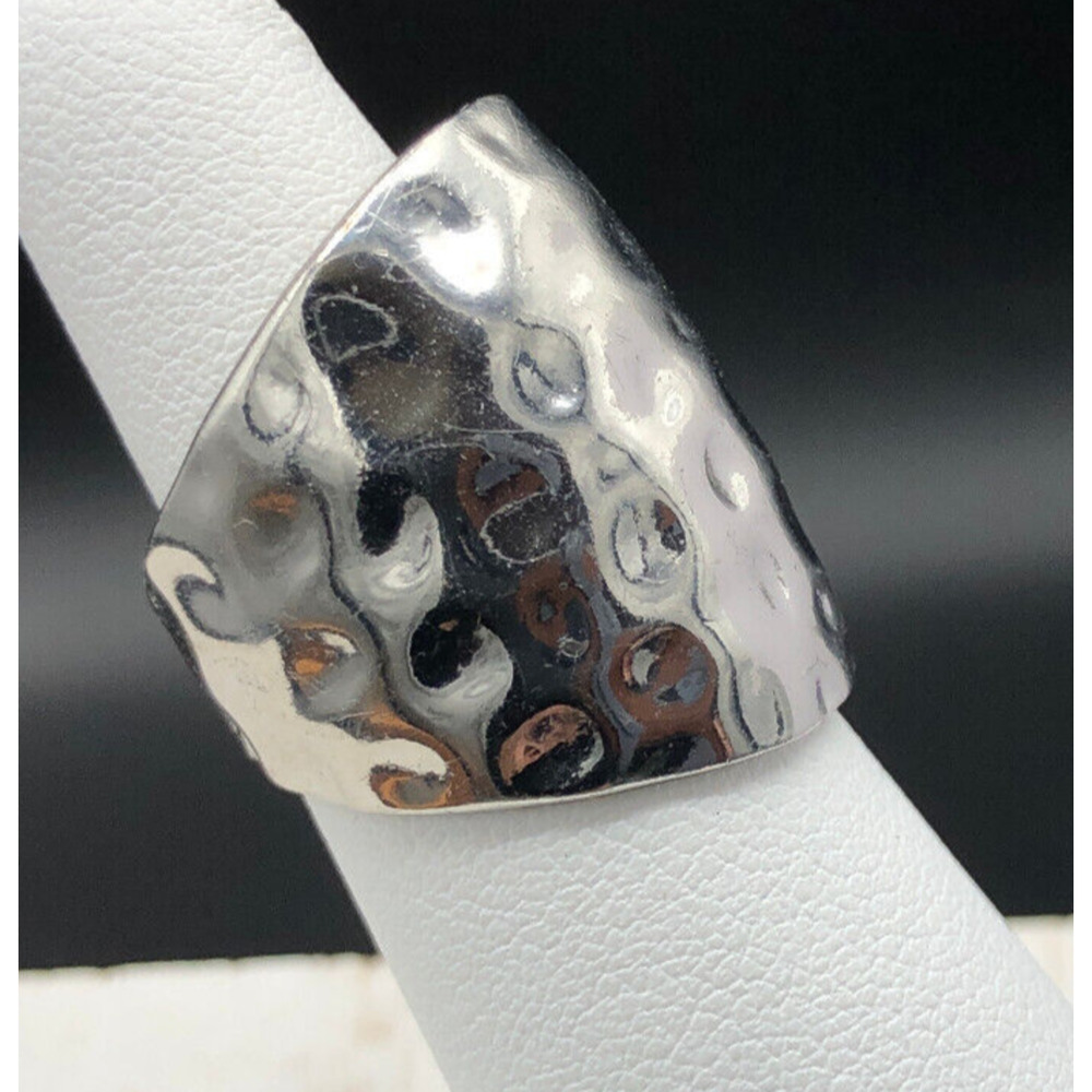 Fashion Ring Unisex Size‎ 6 Hammered Silver Tone Wide Band Flared Shank